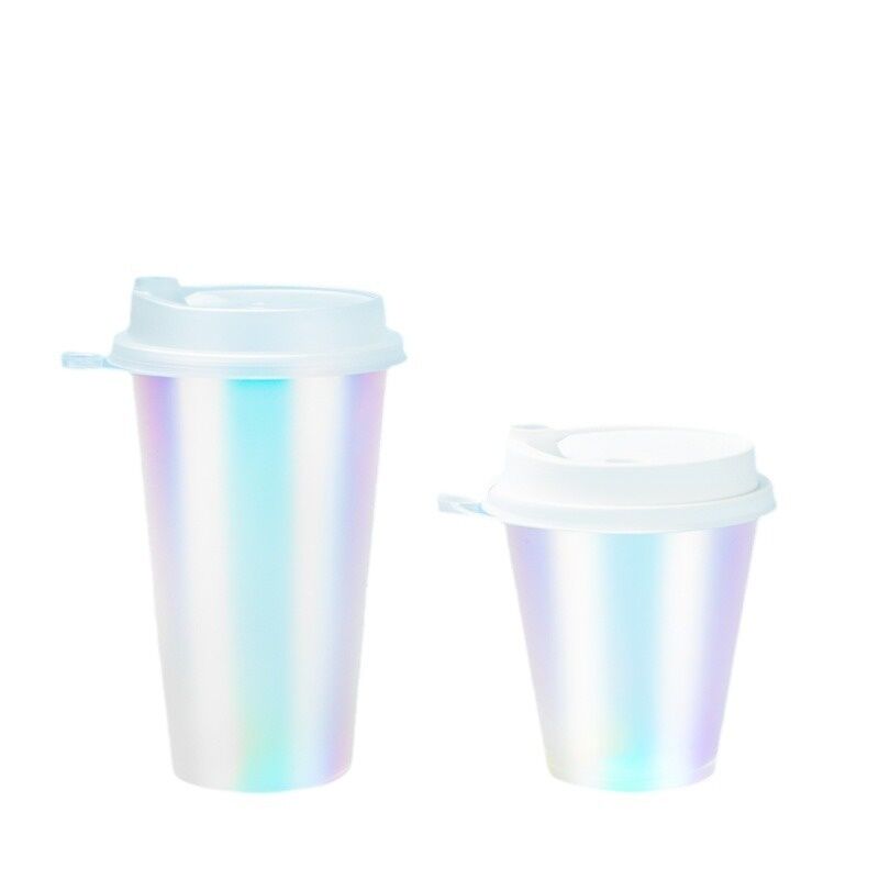 Aangepast logo IML spuitgegoten koffiekopjes - Plastic drankbekers met regenboogfilm met deksels, wegwerp