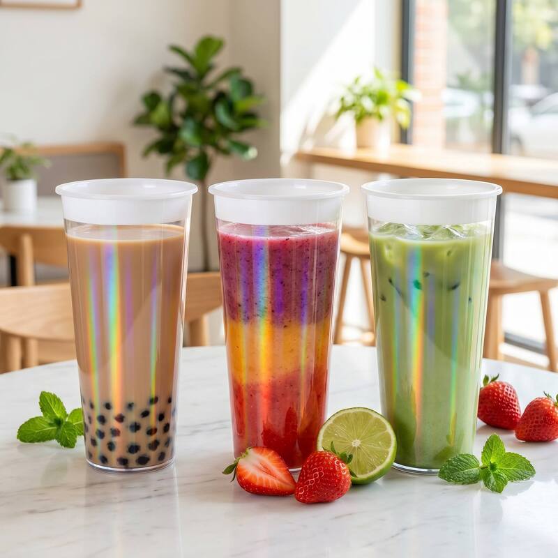 Aangepast logo IML spuitgegoten koffiekopjes - Plastic drankbekers met regenboogfilm met deksels, wegwerp