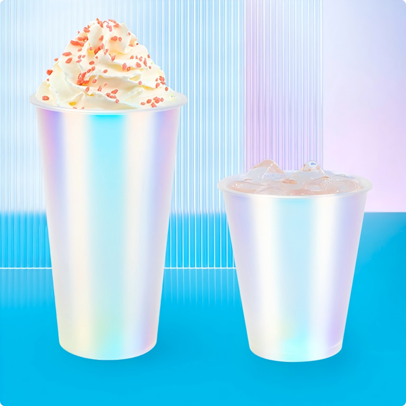 Aangepast logo IML spuitgegoten koffiekopjes - Plastic drankbekers met regenboogfilm met deksels, wegwerp