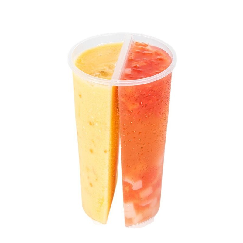 Groothandel 95 mm kaliber dubbelcompartiment deelbeker ️ dubbelzijdig gespleten plastic bekertje met deksel voor boba thee, sap en gemengde dranken